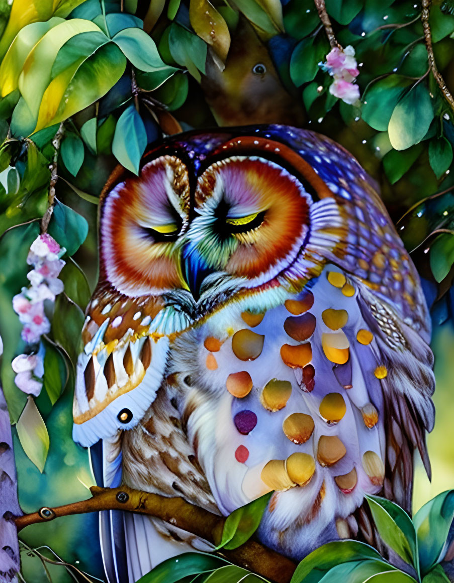 Colorful Owl with Heart-Shaped Face Pattern Perched Among Green Leaves and Pink Flowers