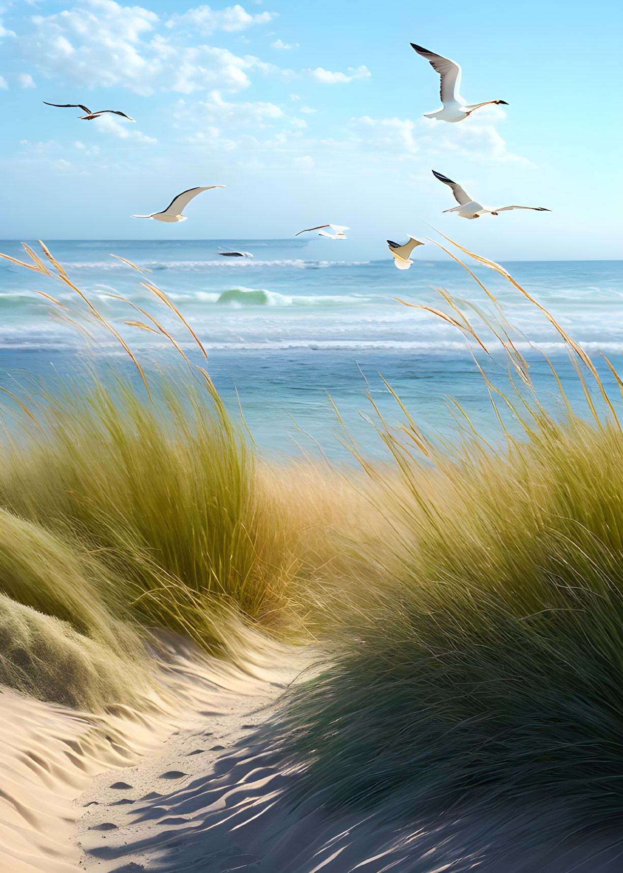 Tranquil beach landscape with tall grass, blue sky, seagulls, and gentle waves