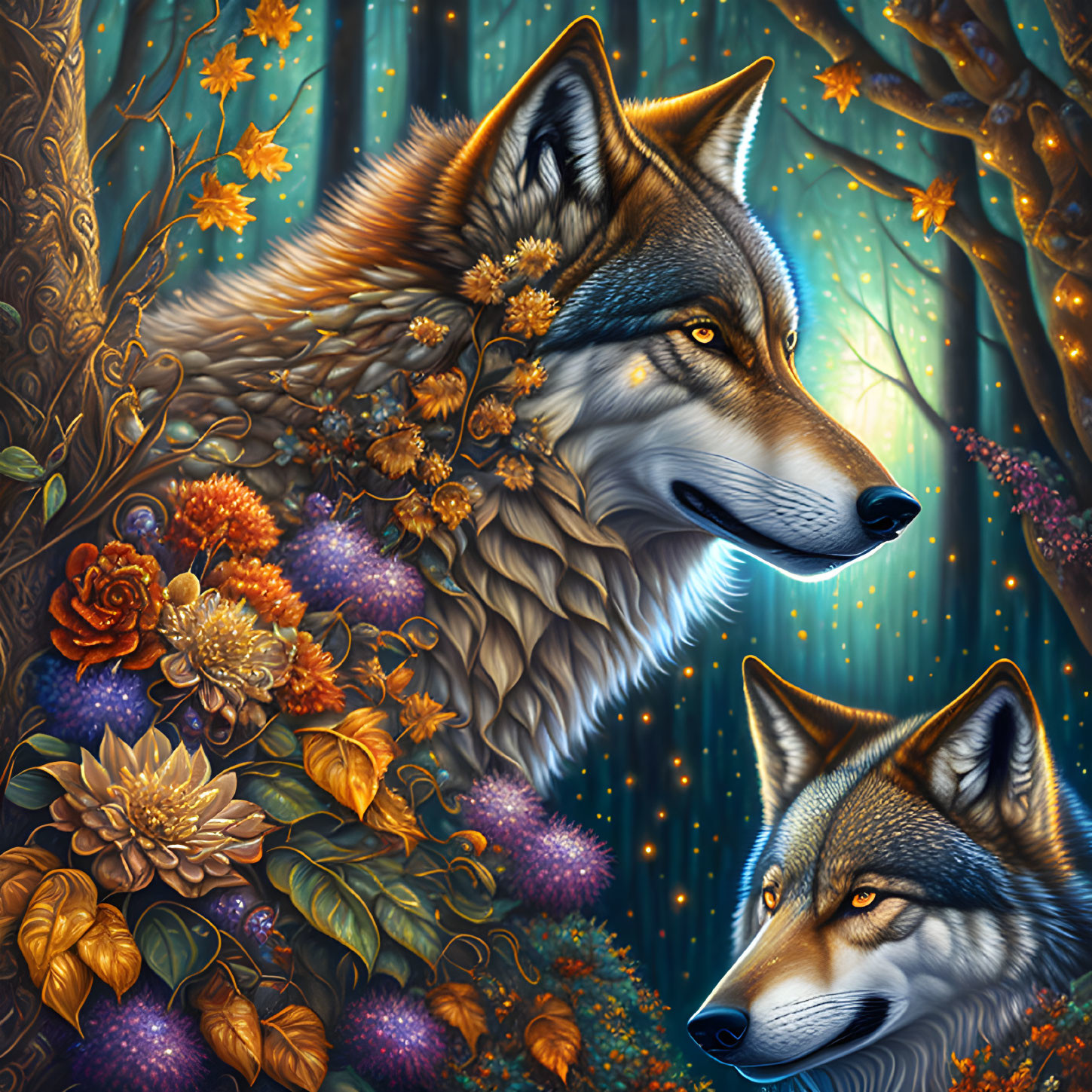 Colorful Digital Artwork: Two Wolves Among Vibrant Flowers