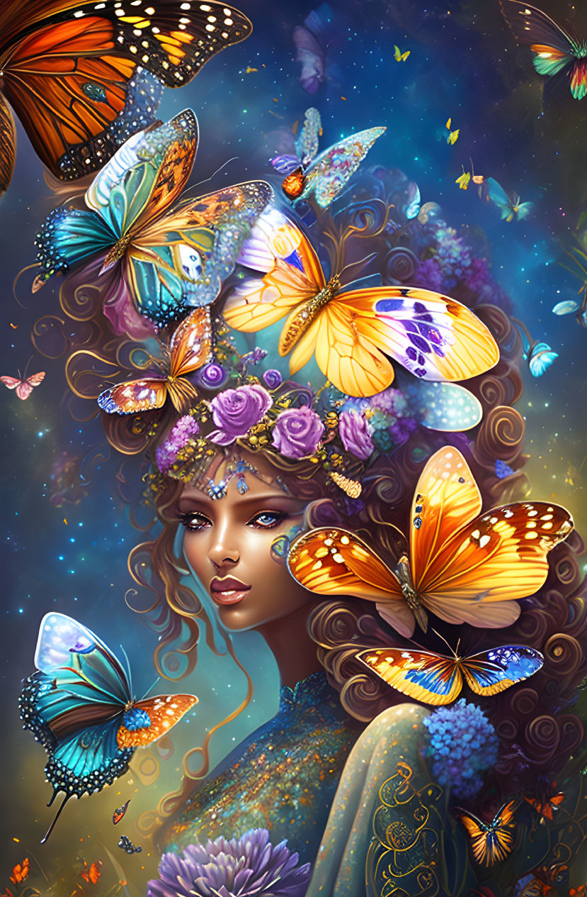 Illustration of woman with butterflies and flowers in celestial setting