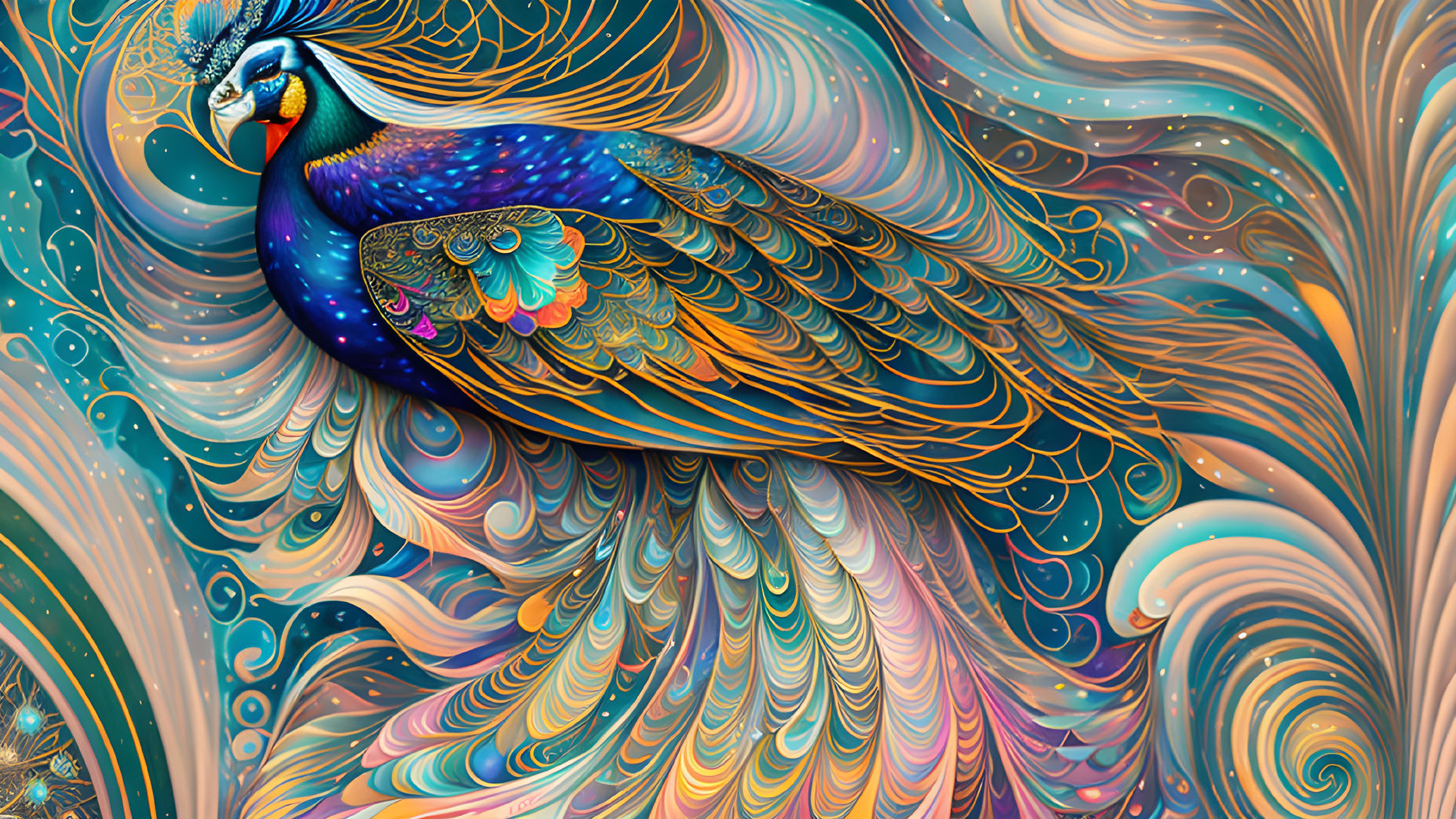 Colorful Peacock Illustration with Teal, Blue, and Gold Feathers