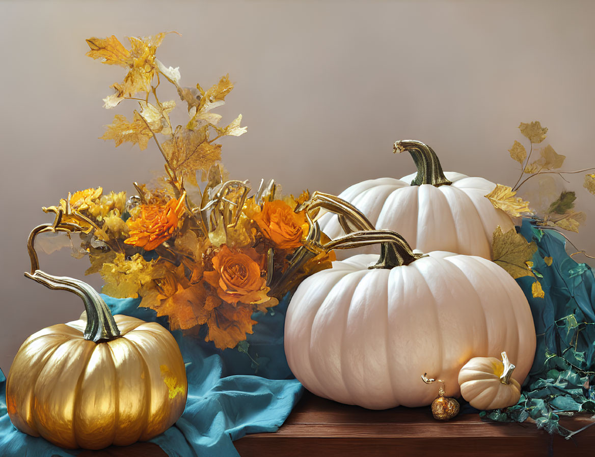 White and Gold Pumpkins with Autumn Leaves and Flowers on Teal Fabric