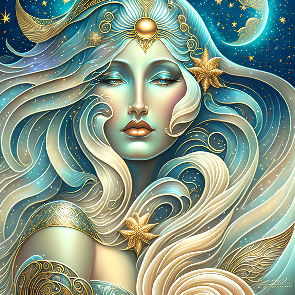 Celestial woman portrait with flowing hair and star motifs on starry background