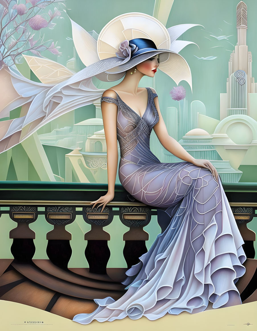 Art Deco Style Illustration of Woman in Flowing Dress and Wide-Brimmed Hat