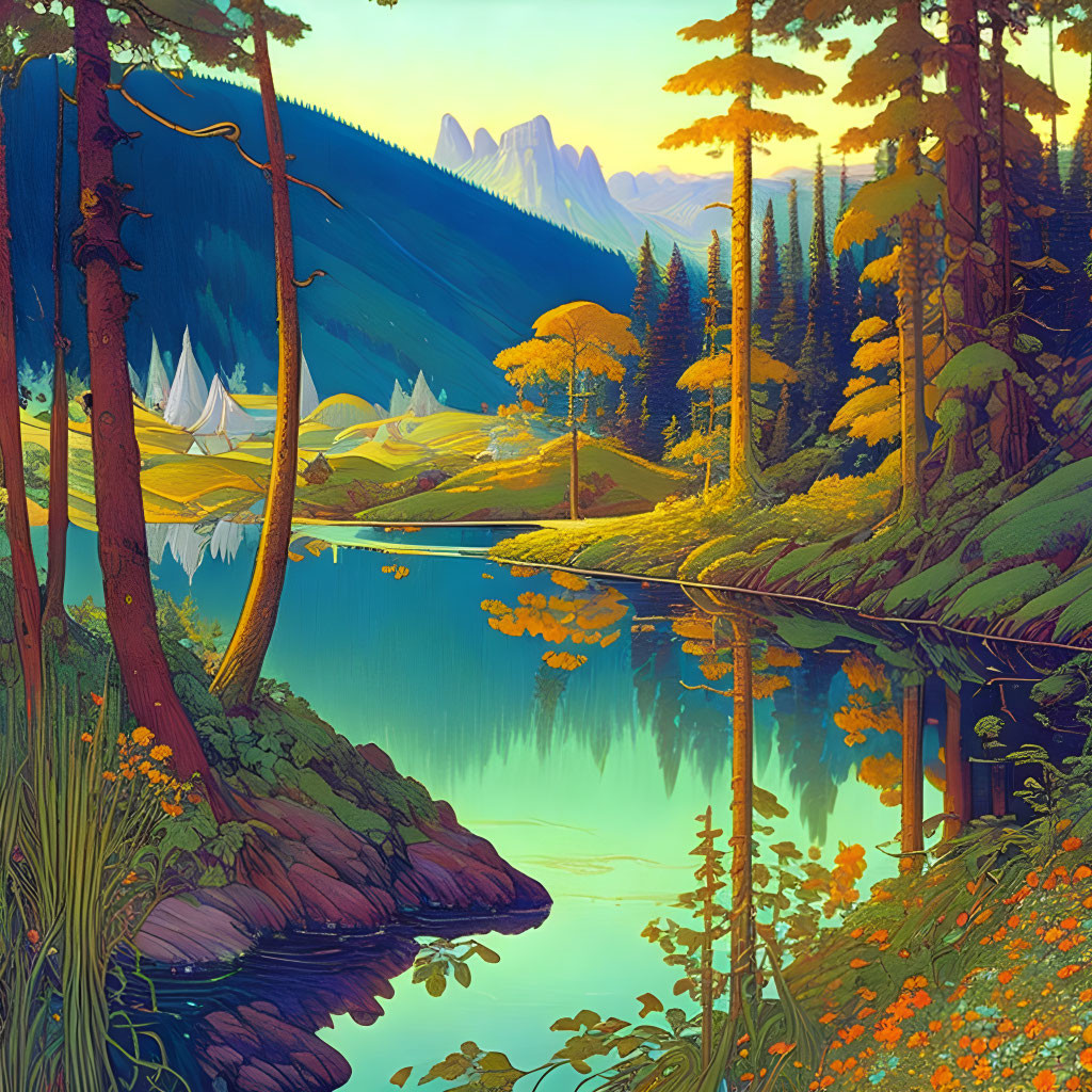 Serene lake with lush trees, mountains, and clear sky illustration