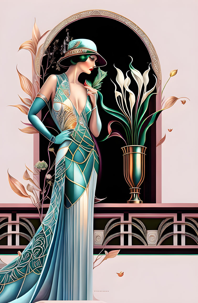 Art Deco style illustration: Woman in flapper dress with geometric patterns, vase with elongated leaves