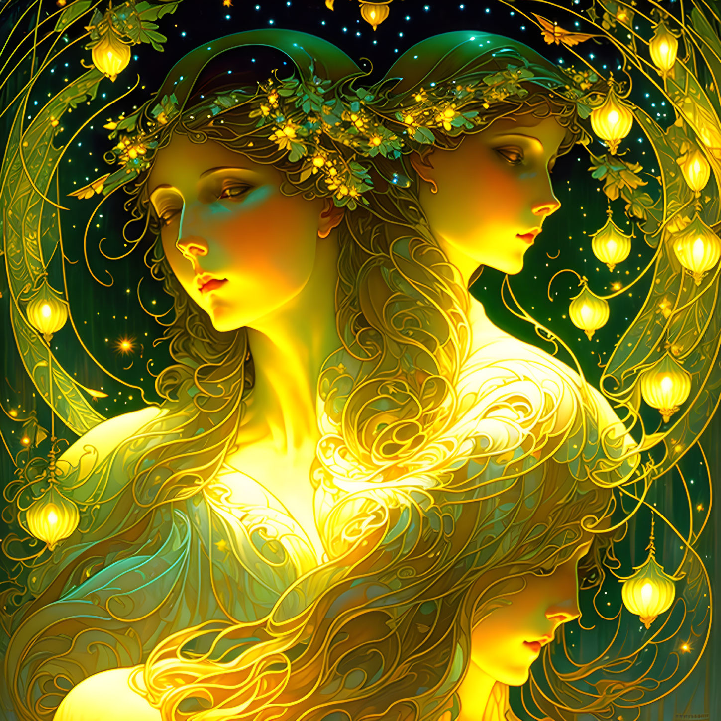 Ethereal women with golden headdresses in celestial setting