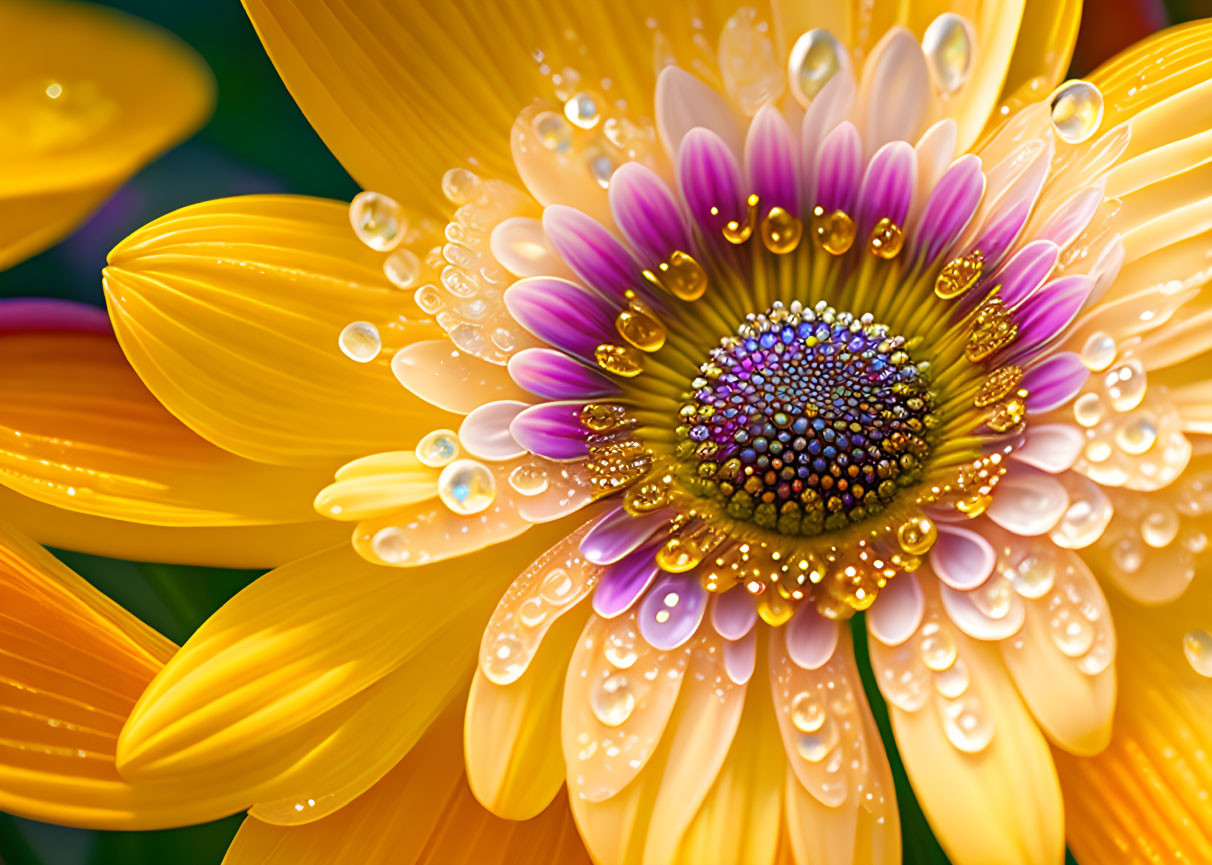 Vibrant yellow and pink gerbera flower with dewdrops close-up.