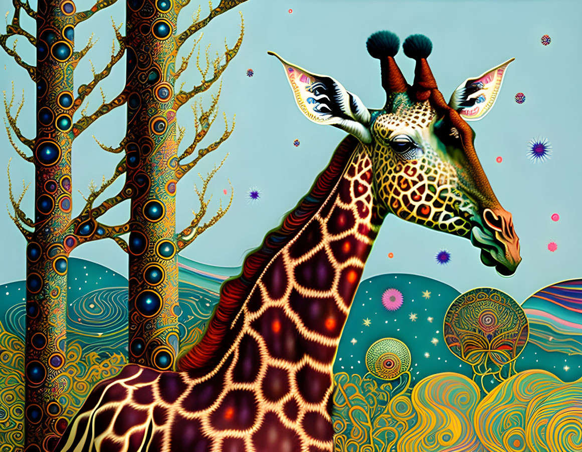 Colorful surreal giraffe illustration on psychedelic backdrop