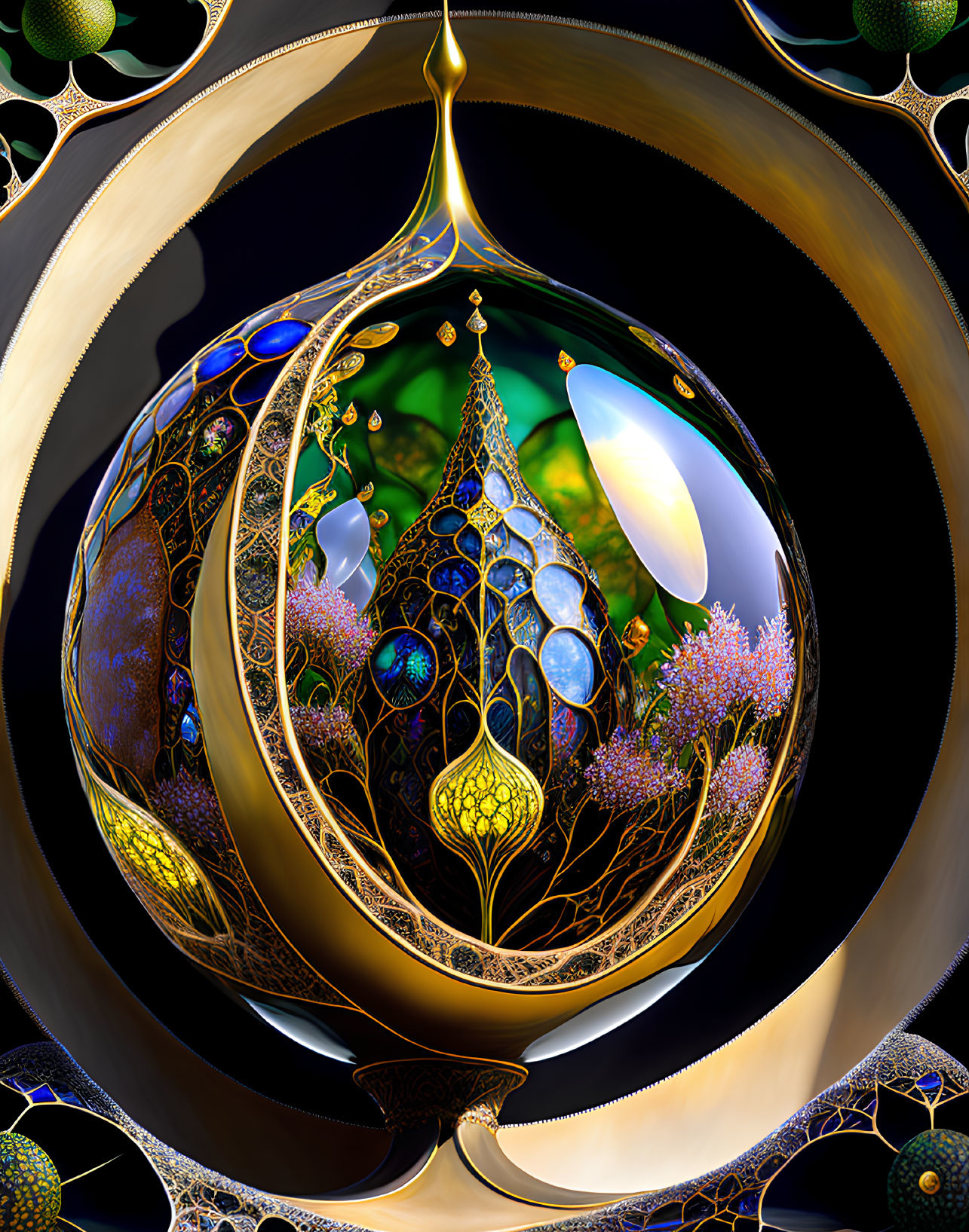 Intricate fractal design with golden patterns in dark space