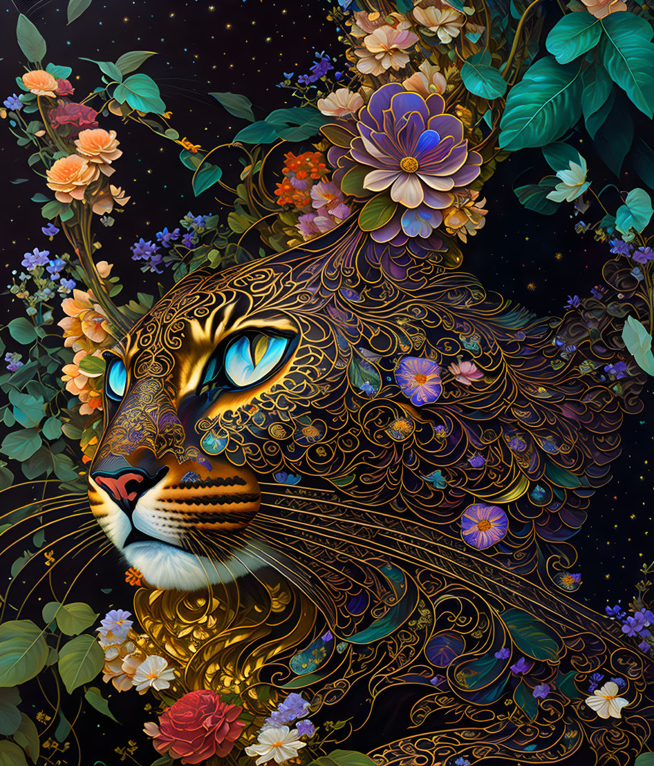 Detailed mystical leopard illustration with blue eyes and ornate floral patterns on starry night backdrop.