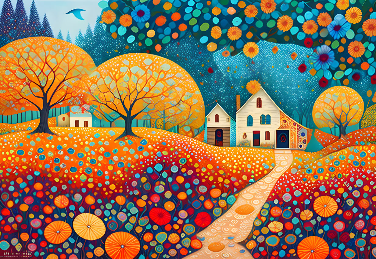 Colorful autumn scene with whimsical trees, winding path, and vibrant houses under a blue sky.