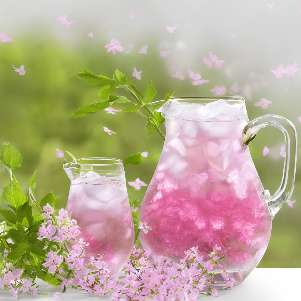 Pink lemonade pitcher and glass with ice, pink blossoms, butterflies, and greenery.