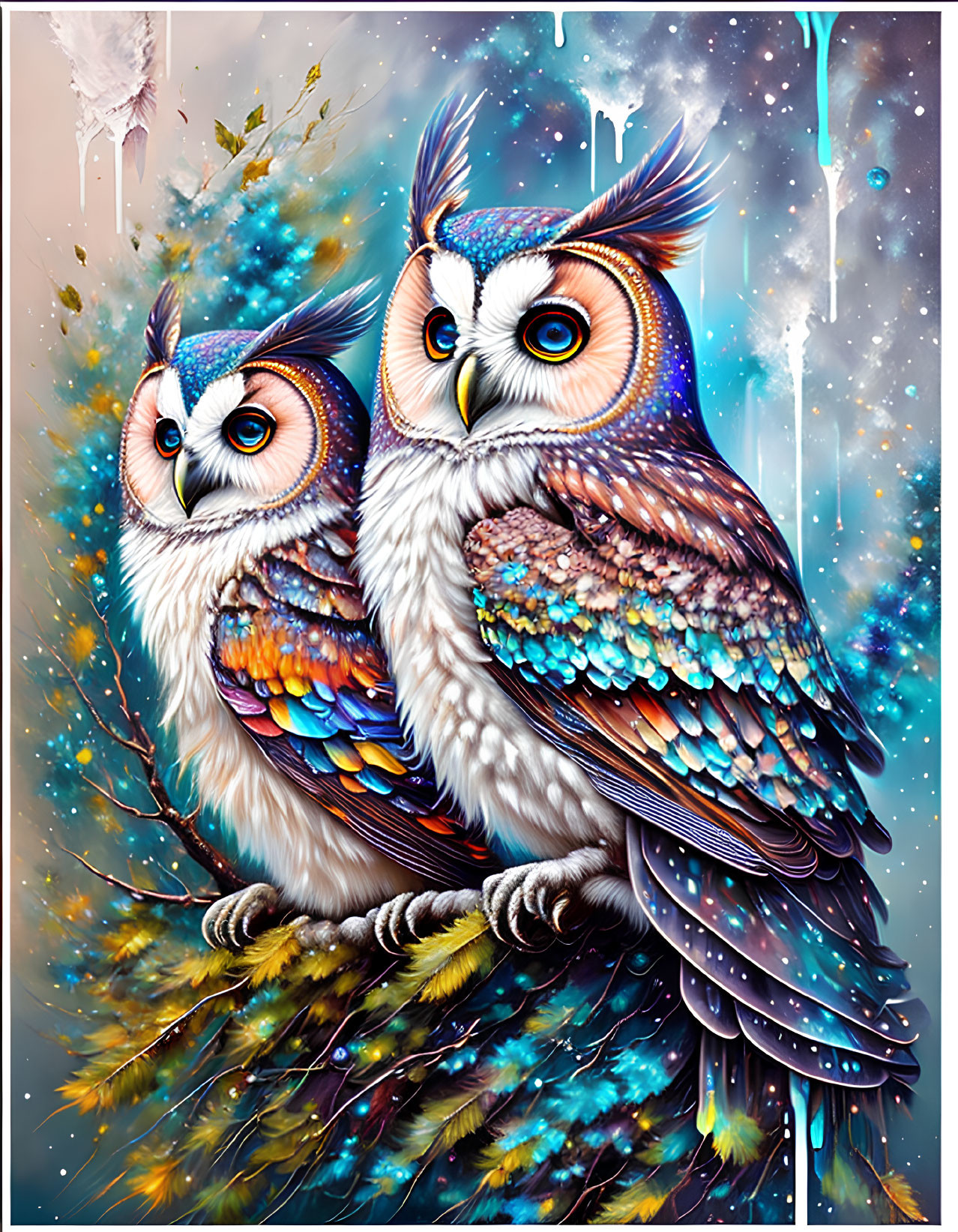 Colorful Stylized Owls Sitting Together Against Artistic Background