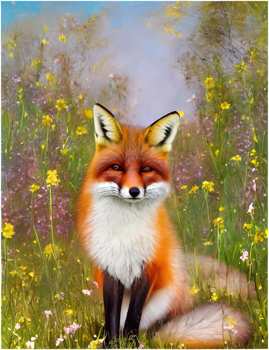 Colorful Fox Sitting in Meadow of Yellow Flowers with Dreamy Background