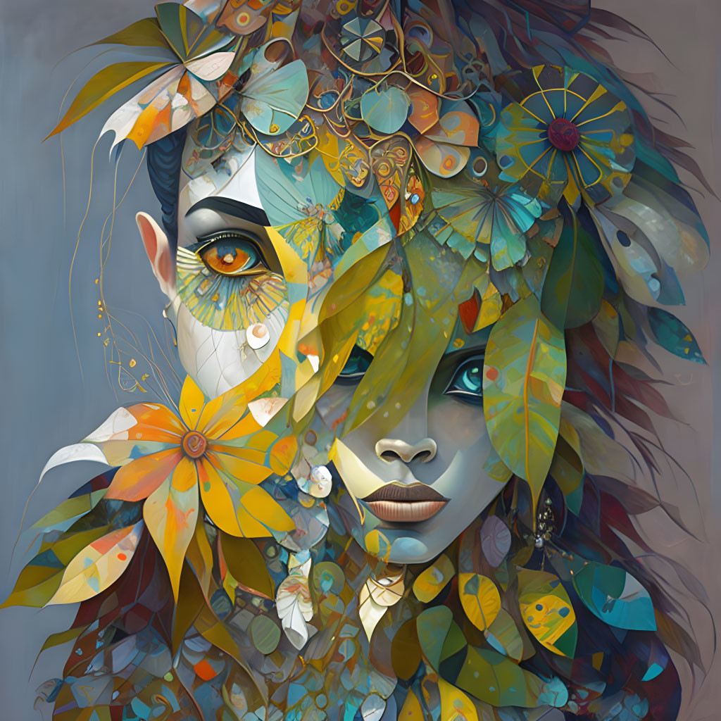 Colorful digital artwork blending woman's face with nature elements