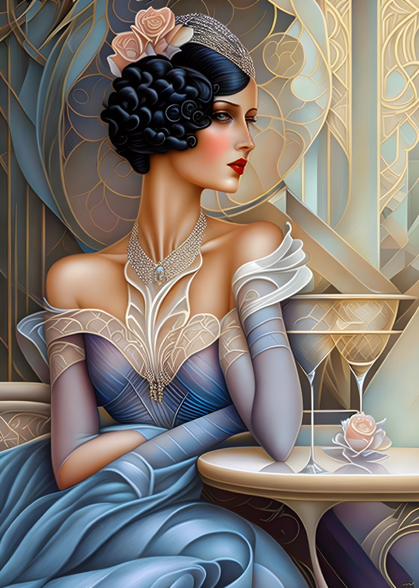 Art Deco Style Woman Illustration with Flapper Hairstyle and Blue Evening Gown