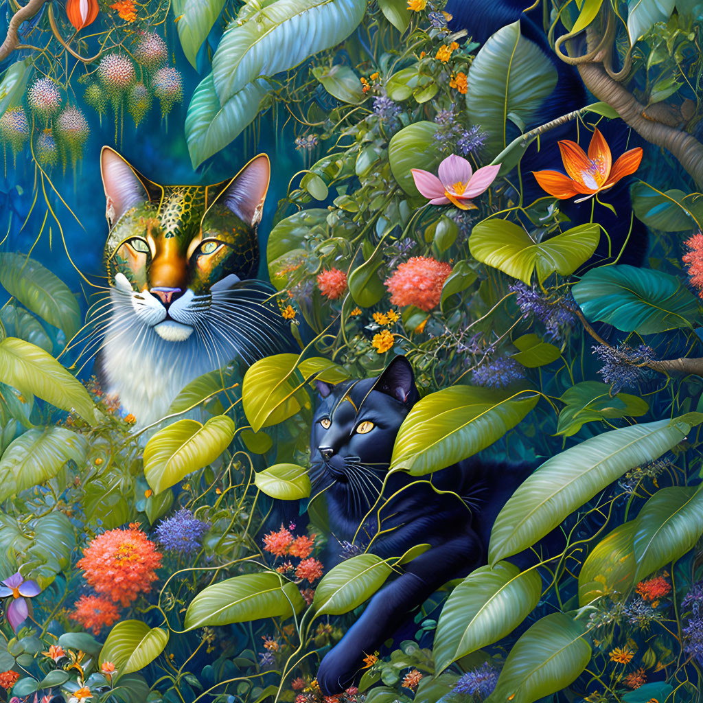 Colorful Digital Artwork: Majestic Orange-Spotted Cat with Green Eyes & Black Cat in