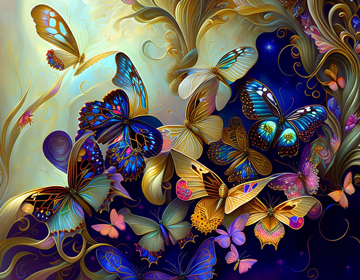 Colorful Butterfly Artwork on Golden and Blue Background