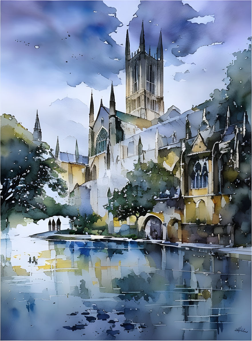 Gothic Cathedral Watercolor Painting with Blue Sky & Clouds