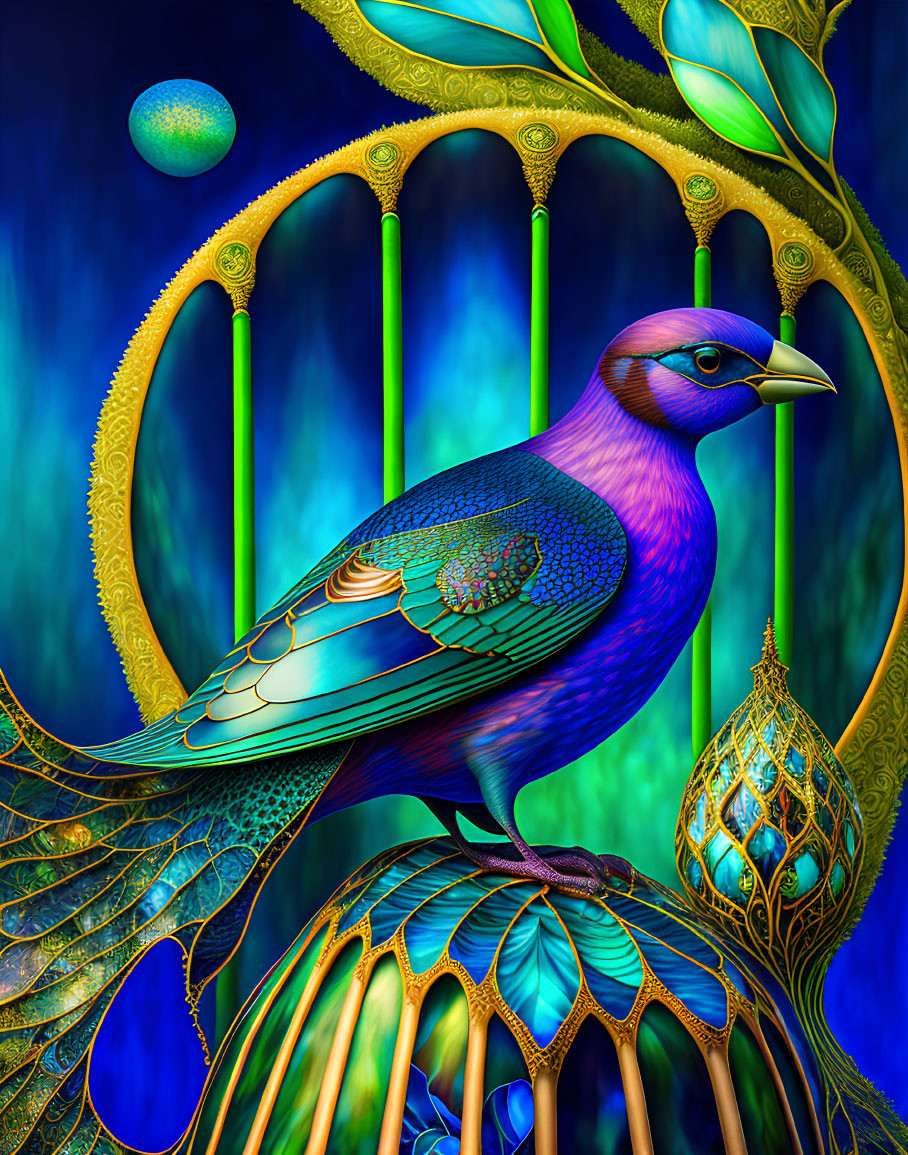 Colorful digital artwork: stylized peacock on golden architecture