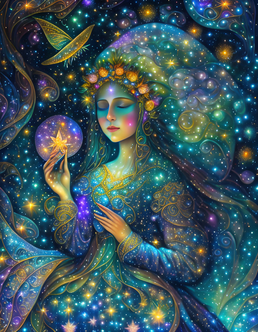 Illustration of woman with floral crown and glowing star in cosmic scene