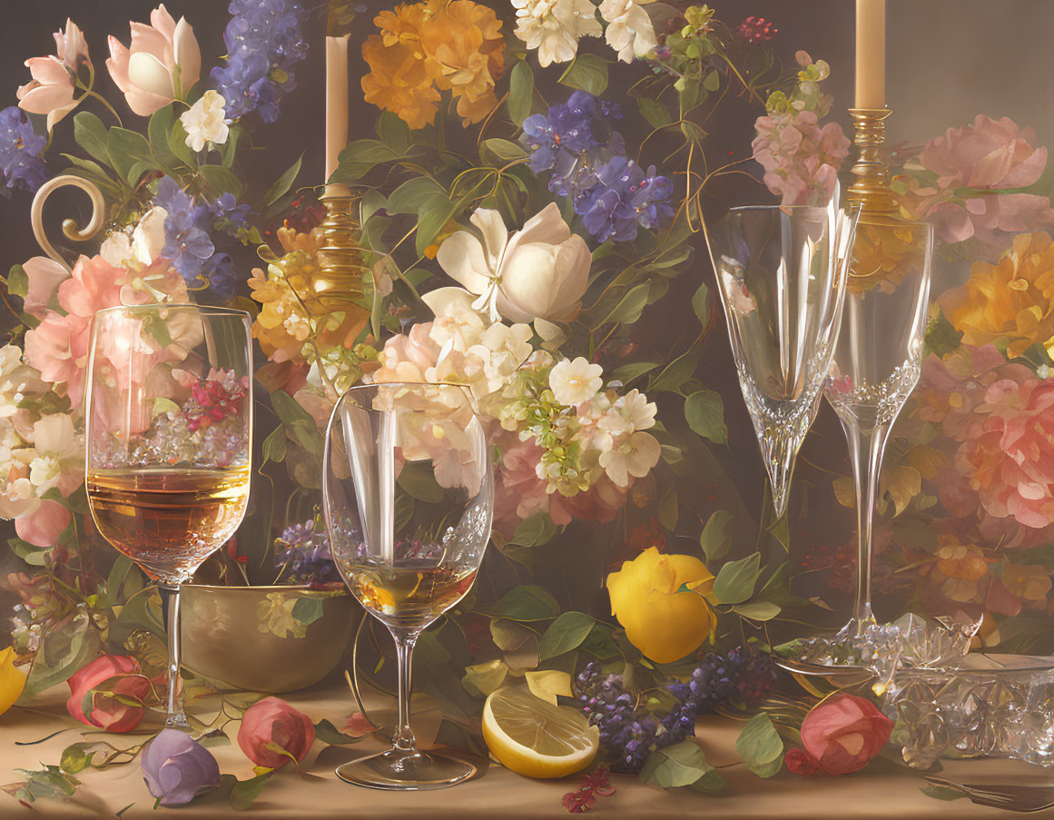 Classic Still Life with Wine Glasses, Candle, Flowers, and Fruit