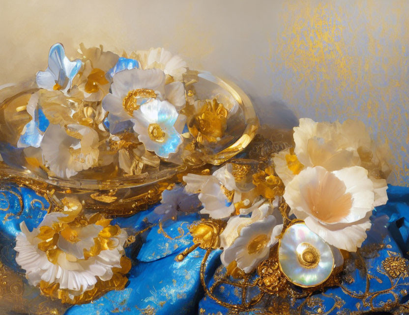 Artificial flowers with pearl centers on blue fabric with golden patterns and clear glass orbs