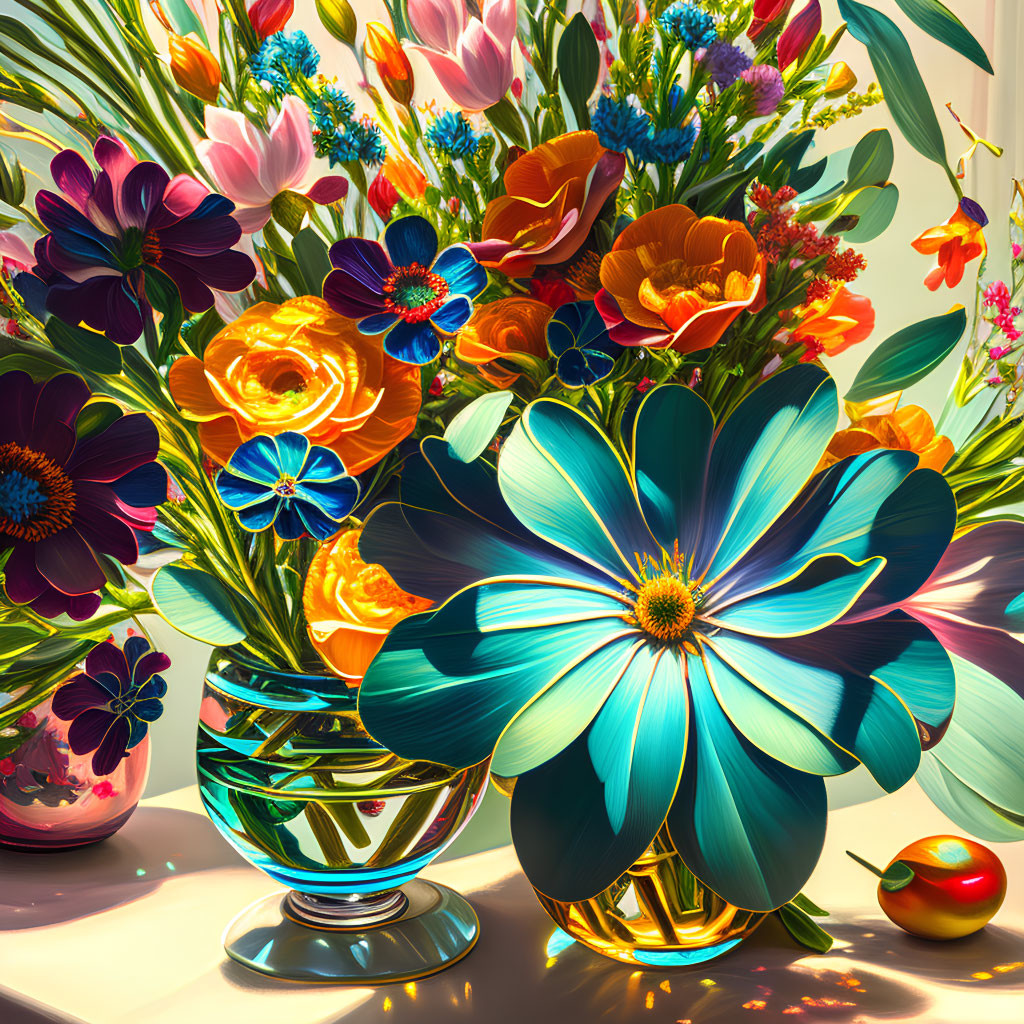 Colorful Oversized Flower Bouquet in Glass Vase with Exaggerated Features