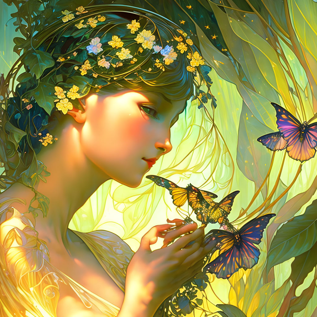 Illustration of woman with floral crown, butterflies, and glowing vines in magical setting