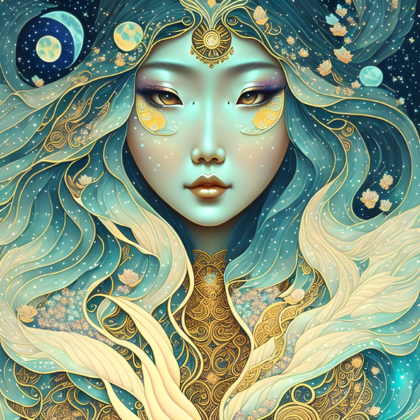 Mystical woman with golden hair and celestial motifs portrait.