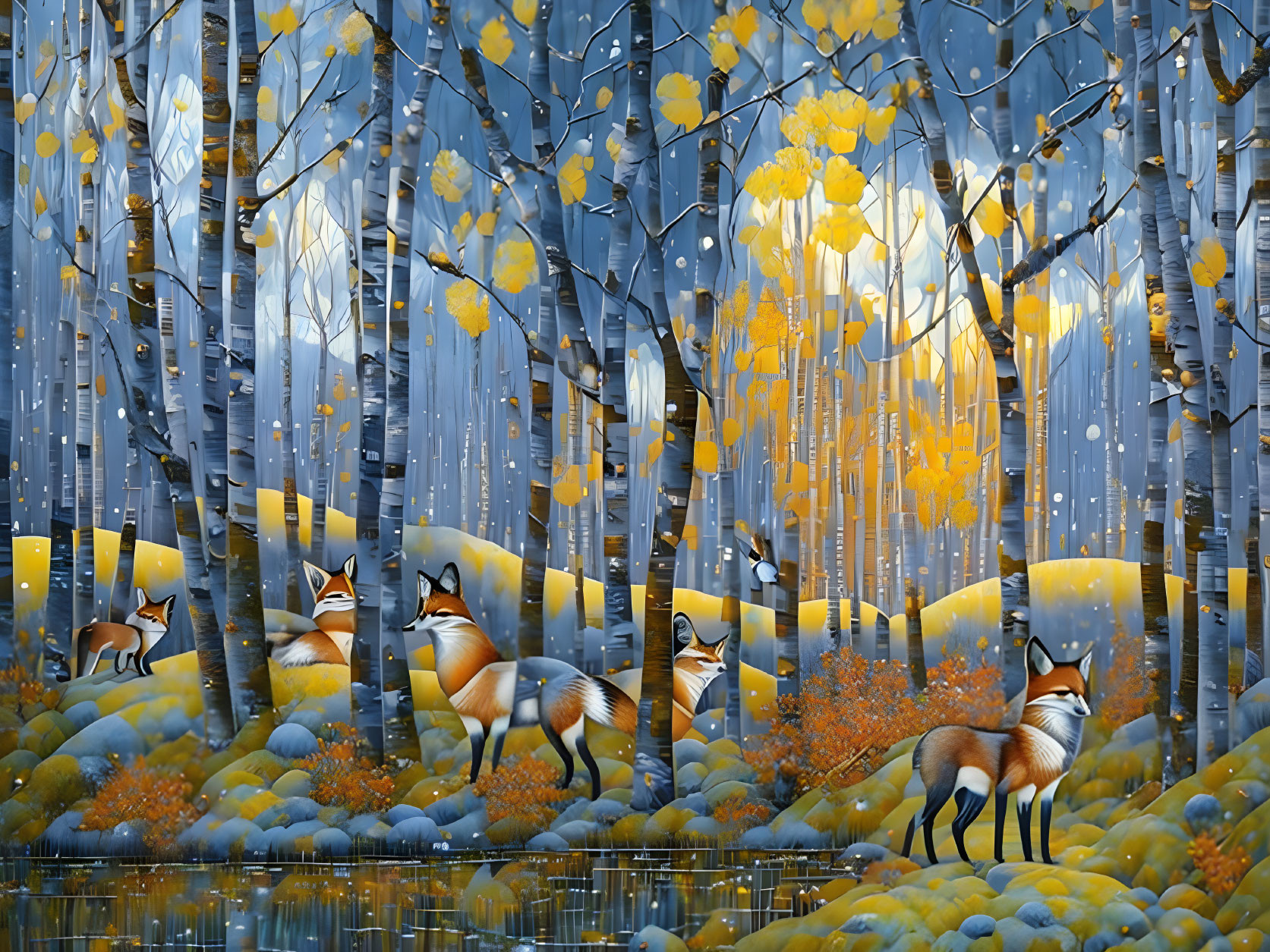 Colorful Foxes in Mystical Autumn Forest with Golden Leaves and Serene Pond