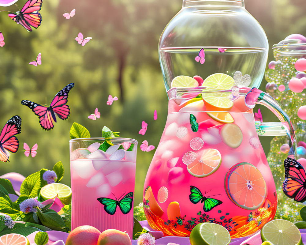 Colorful pitcher and glass of pink lemonade in a vibrant garden scene