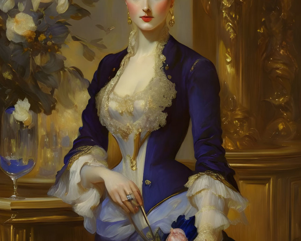 Elegant woman in purple lace dress with flower in classical oil painting style