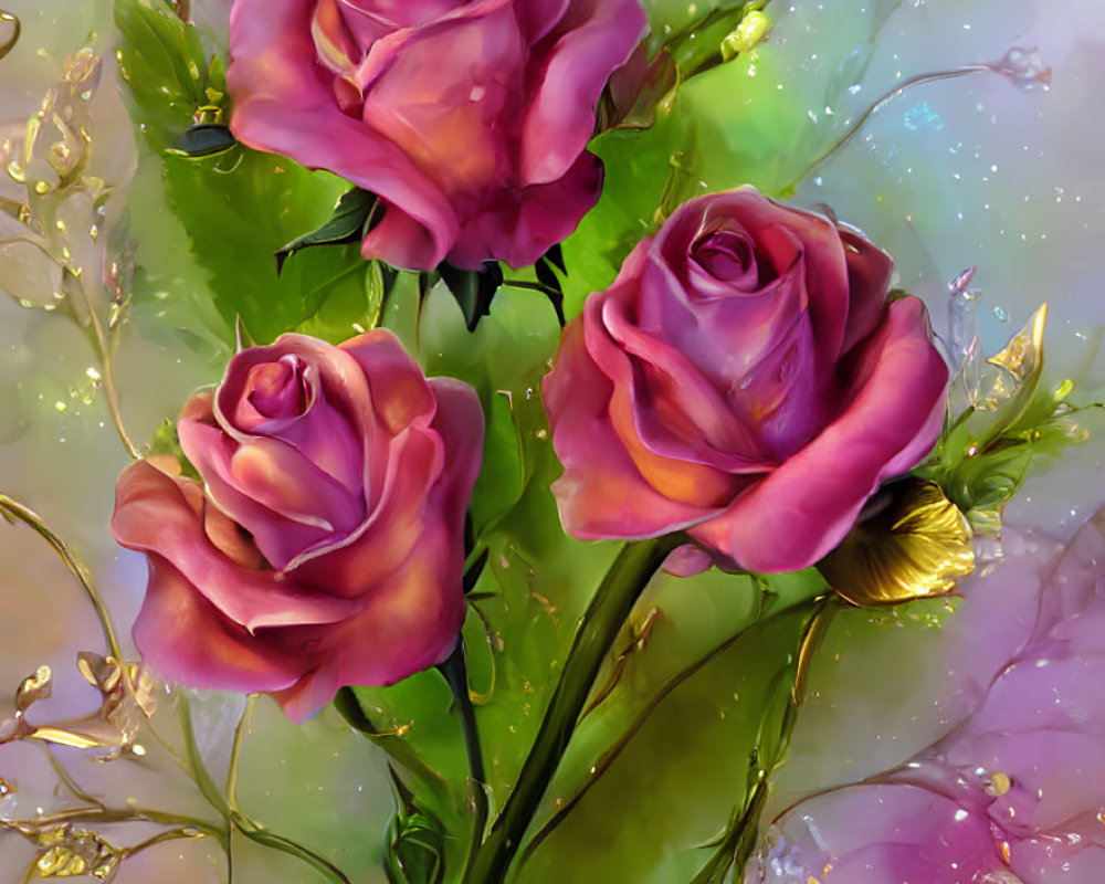 Three purple roses on shimmering pastel background with golden highlights.