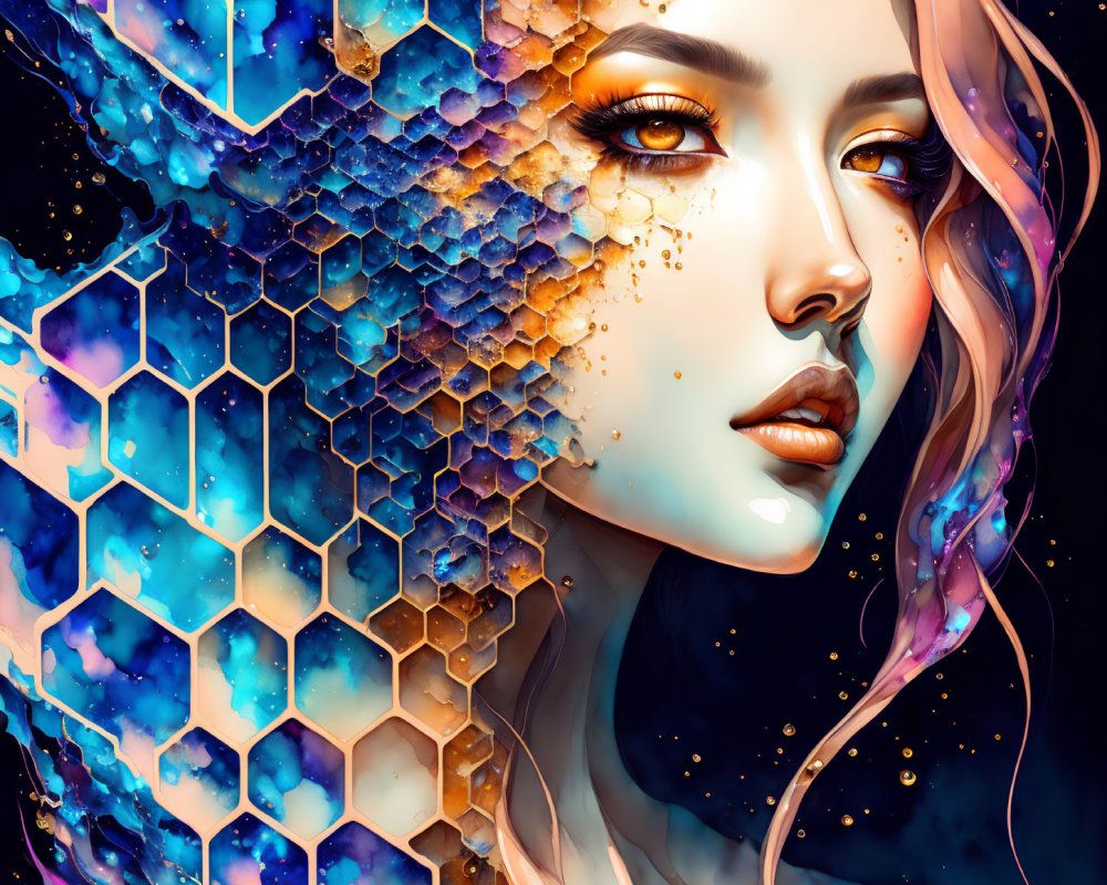 Colorful digital artwork: Woman's face with honeycomb patterns in cosmic background