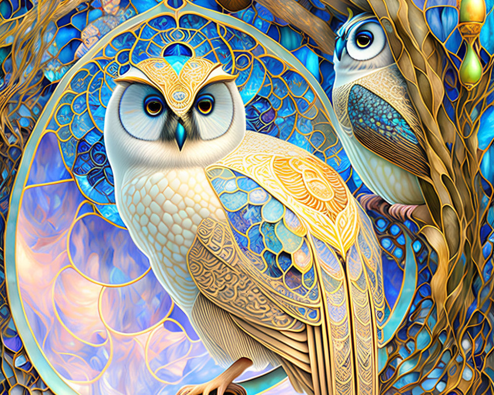 Colorful digital artwork: Two stylized owls with intricate patterns and rich textures on ornate backdrop