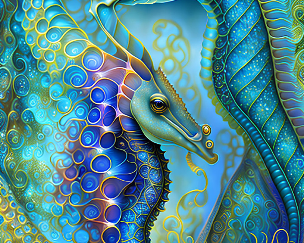 Colorful digital artwork: Two seahorses in intricate patterns and blue palette, surrounded by bubbles and