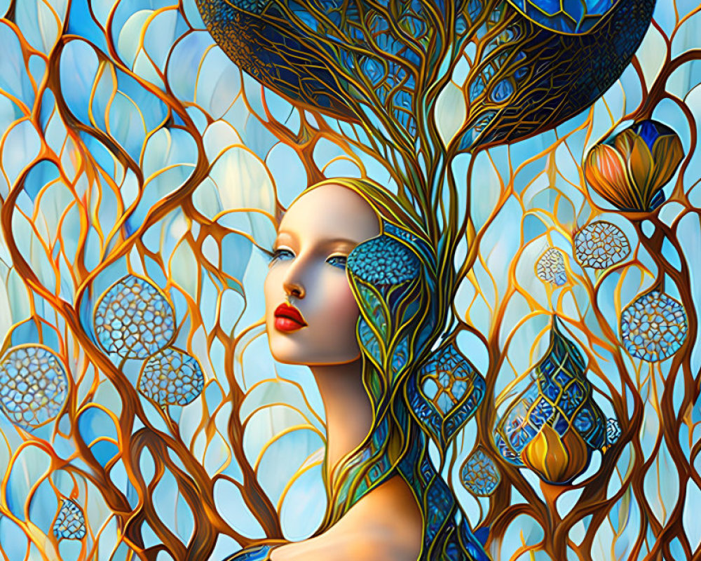 Surreal artwork: Woman with peacock features in intricate, organic setting