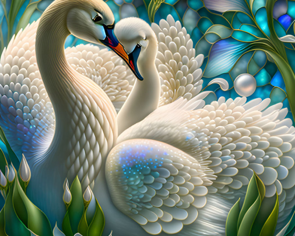 Stylized swans intertwined in blue foliage and white flowers
