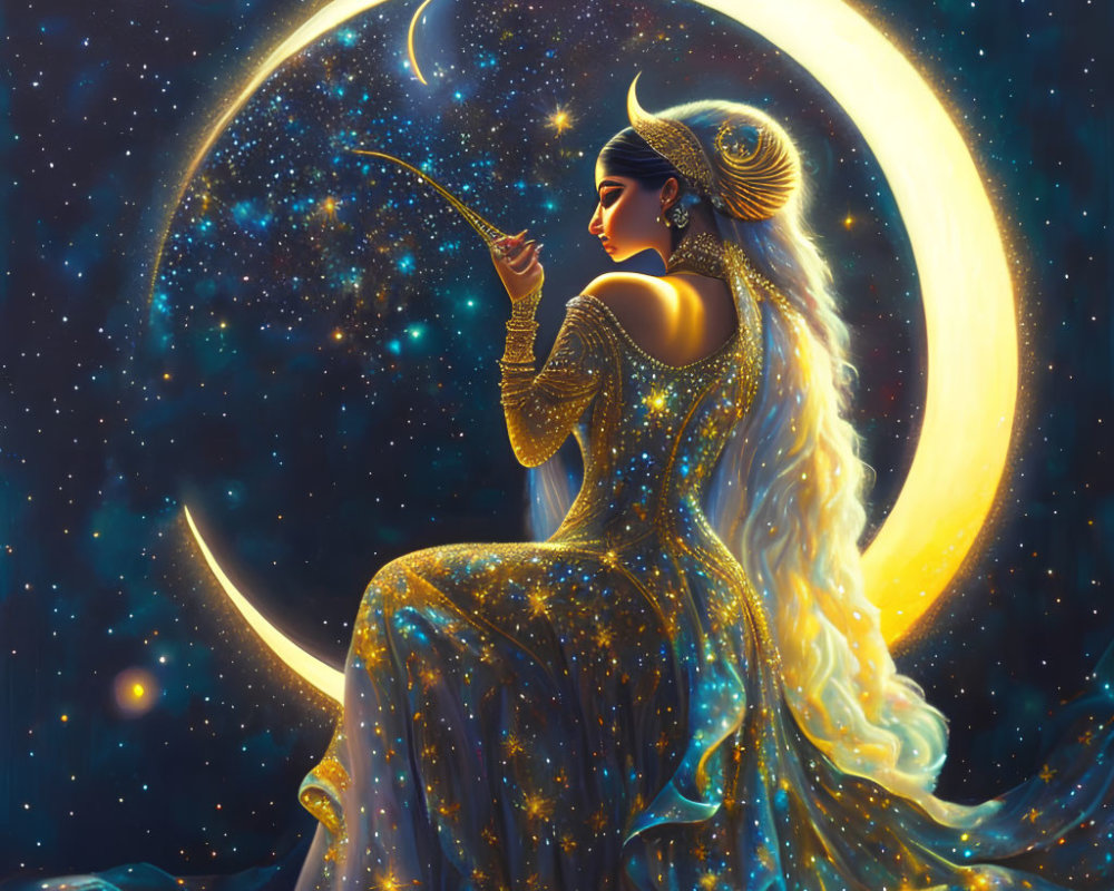 Ethereal woman in starry gown on crescent moon with bow