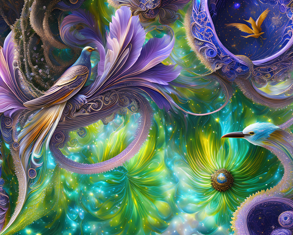 Colorful bird digital art on swirling fractal background