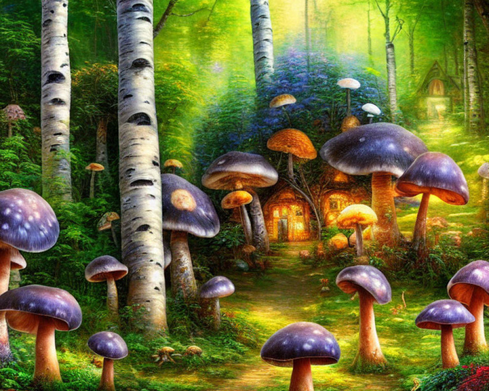 Enchanted forest with oversized mushrooms, birch trees, and cozy treehouse