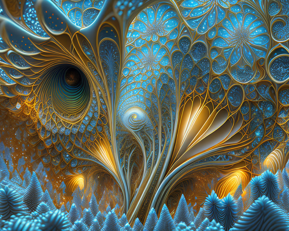 Intricate Blue and Gold Fractal Spiral Design