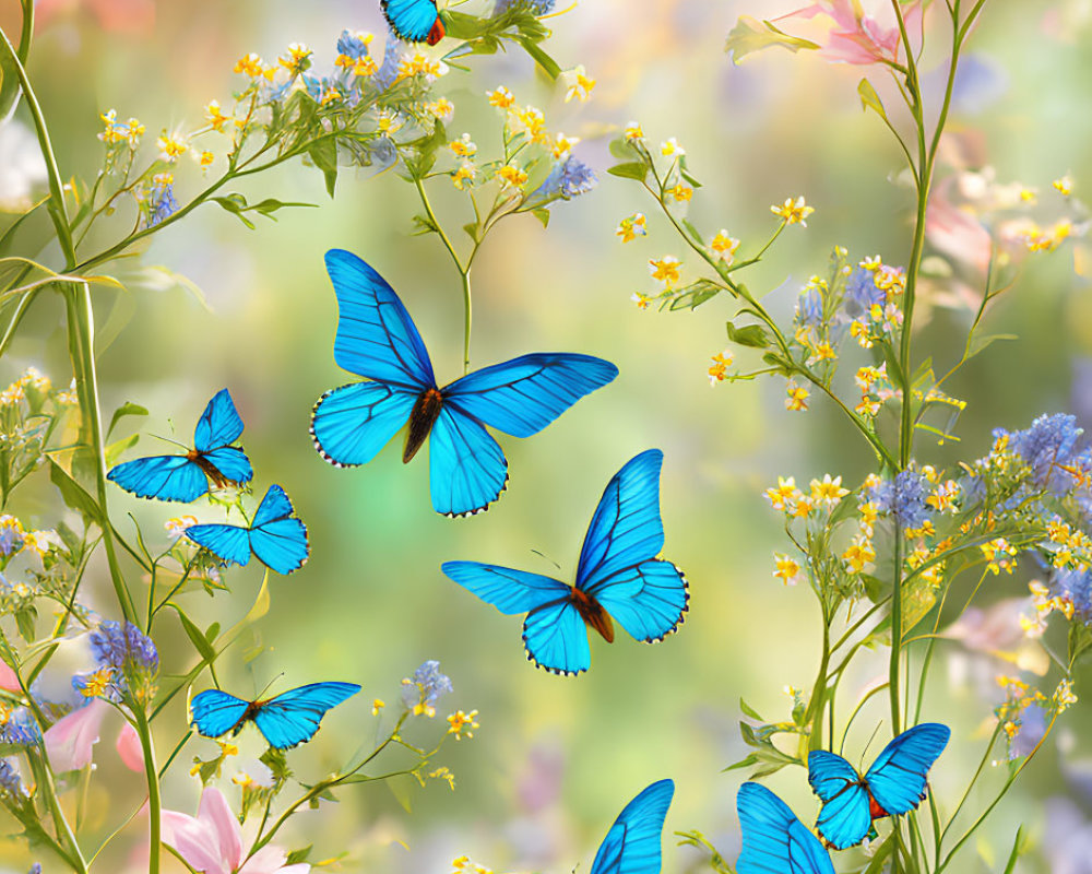 Colorful Blue Butterflies Among Pink Flowers and Greenery in Soft Bokeh Light