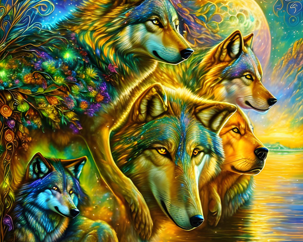 Detailed Wolf Artwork with Golden and Blue Hues