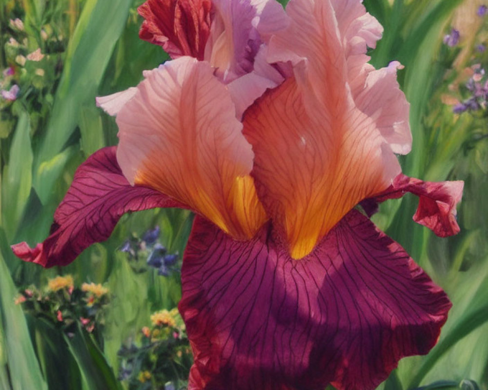 Pink and Purple Iris Flower with Green Foliage and Purple Flowers