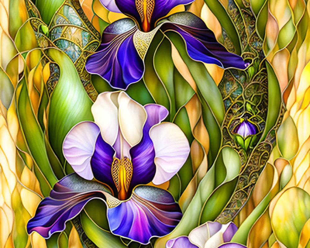 Colorful digital artwork of purple irises with yellow accents on textured green foliage background.