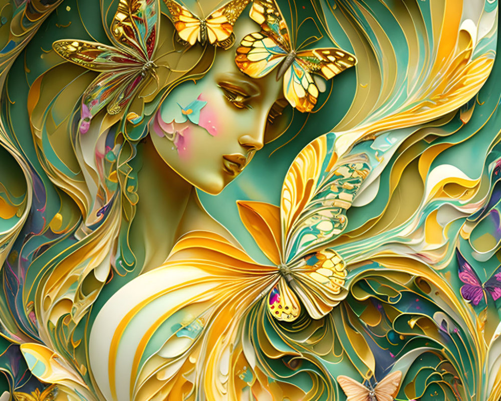 Abstract golden illustration: Female figure with butterflies in green and gold swirls
