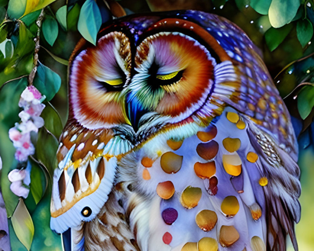 Colorful Owl with Heart-Shaped Face Pattern Perched Among Green Leaves and Pink Flowers